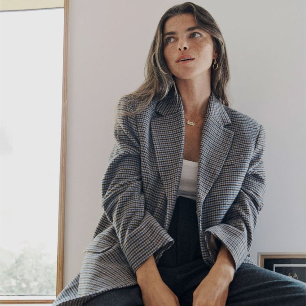 Everlane The ReWool® ’80s Blazer Blue and Brown Houndstooth 10 New Womens